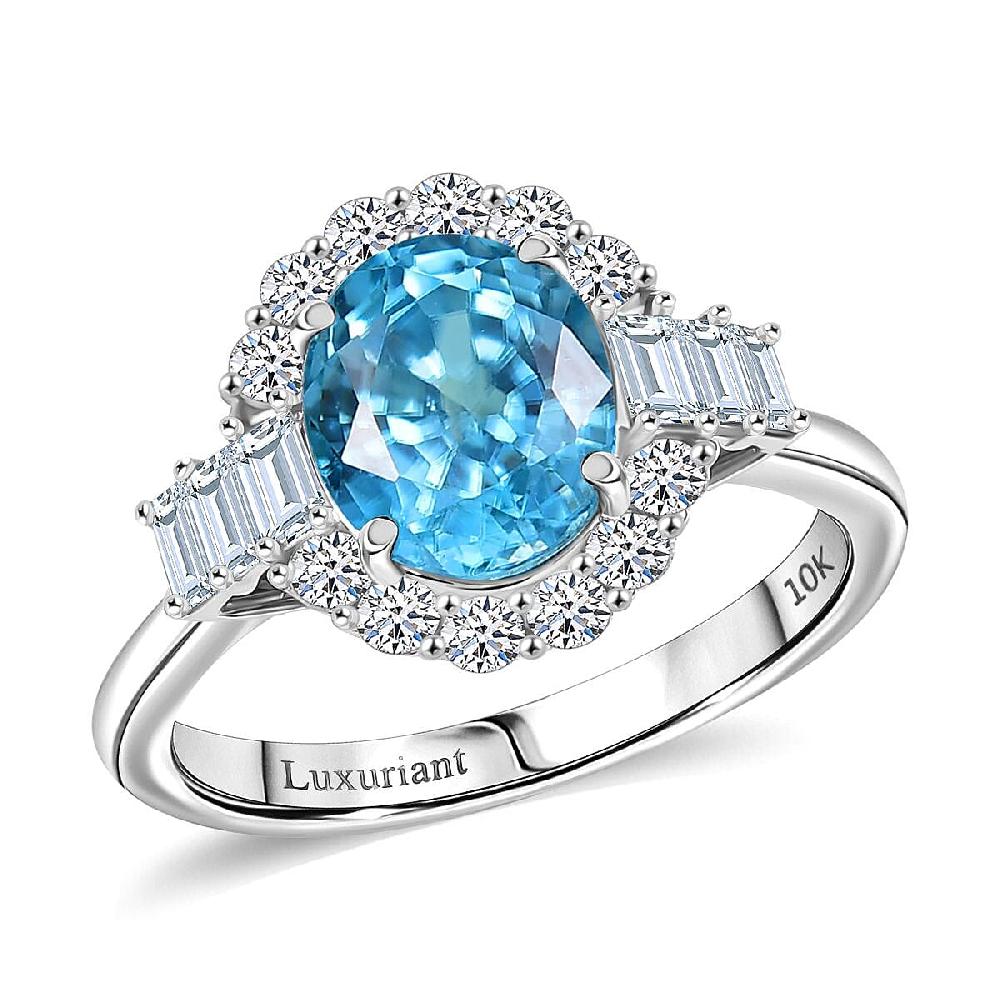 shop lc Certified & Appraised AAA Cambodian Blue Zircon and Luxuriant Lab Grown Diamond G-H SI 4.42 ctw Ring in 10K White Gold
