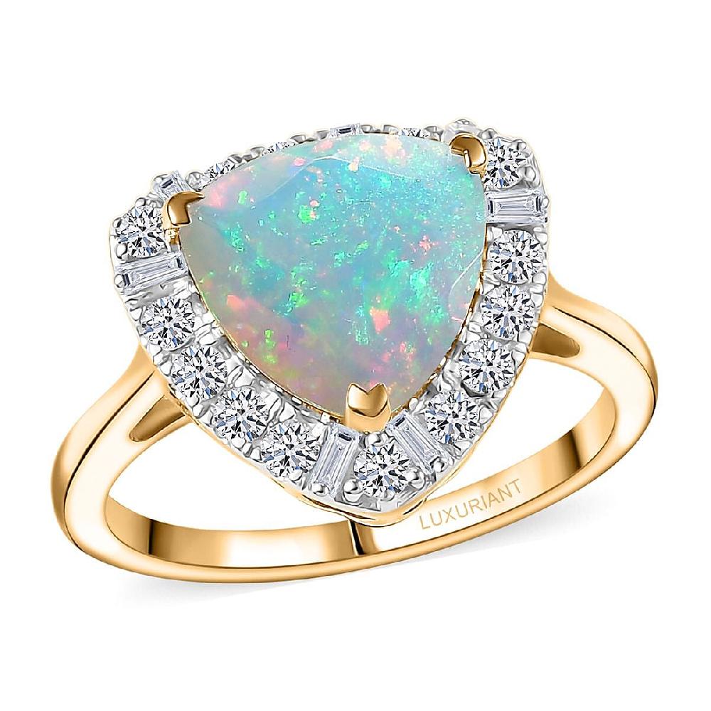shop lc Certified & Appraised AAA Ethiopian Welo Opal and Luxuriant Diamond G-H SI 2.50 ctw Ring in 10K Yellow Gold