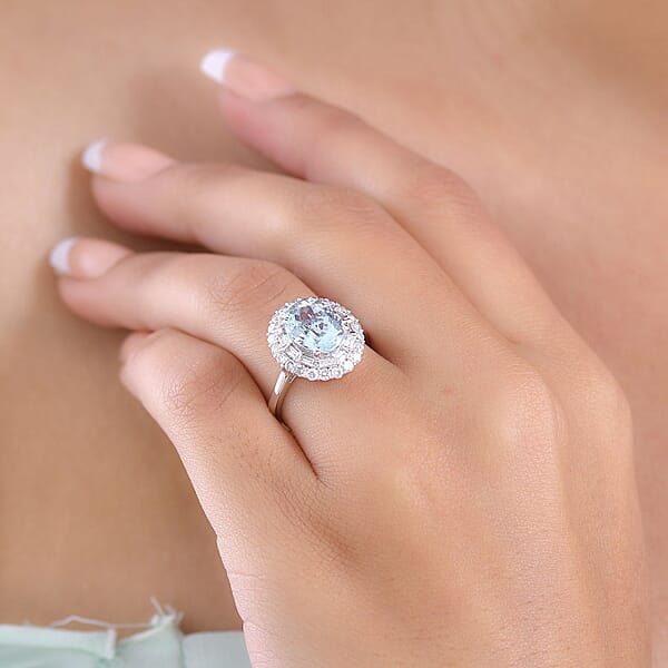 Shop Lc Certified & Appraised AAA Mangoro Aquamarine And Luxuriant Diamond G-H SI 3.11 Ctw Cocktail Ring In 10K White Gold