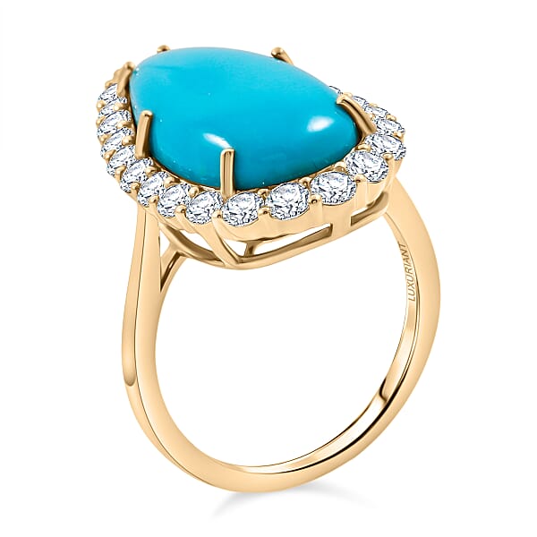 Shop Lc Certified & Appraised AAA Sleeping Beauty Turquoise And Luxuriant Lab Grown Diamond E-F VS 7.36 Ctw Ring In 10K Yellow Gold 4.06 Grams