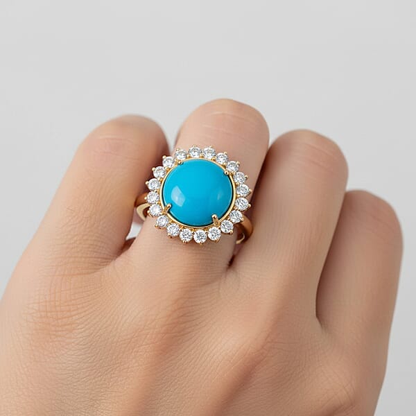Shop Lc Certified & Appraised AAA Sleeping Beauty Turquoise And Luxuriant Lab Grown Diamond E-F VS 6.35 Ctw Ring In 10K Yellow Gold