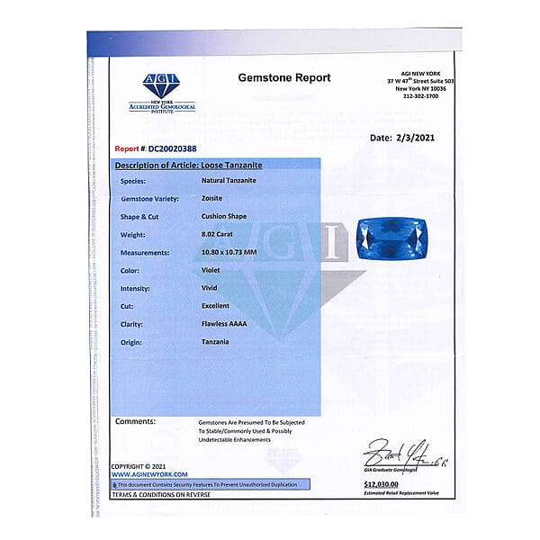 Shop Lc Certified & Appraised AAAA Vivid Tanzanite (Cush Free Size) Approx 8.00 Ctw