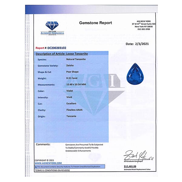 Shop Lc Certified & Appraised AAAA Vivid Tanzanite (Pear Free Size) Approx 8.00 Ctw