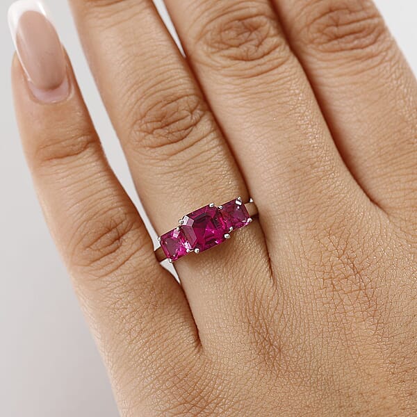 Shop Lc Certified & Appraised Asscher Cut AAA Luxuriant Bixbite (LG) 10.0) 2.60 Ctw 3 Stone Ring In 10K White Gold