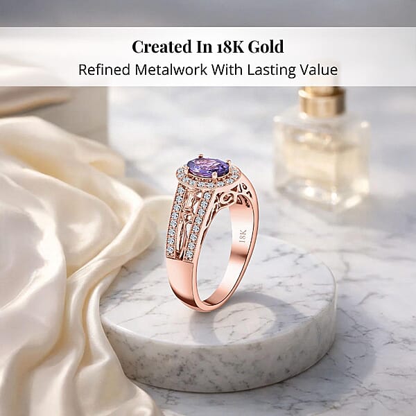 Shop Lc Certified & Appraised Iliana 18K Rose Gold AAA Madagascar Purple Sapphire And G-H SI Diamond Halo Ring 5.50 Grams 1.40 Ctw