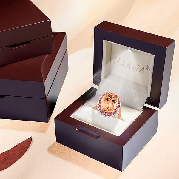Shop Lc Certified & Appraised Iliana 18K Rose Gold AAA Marropino Morganite And G-H SI Diamond Double Halo Ring 5.90 Grams 13.35 Ctw