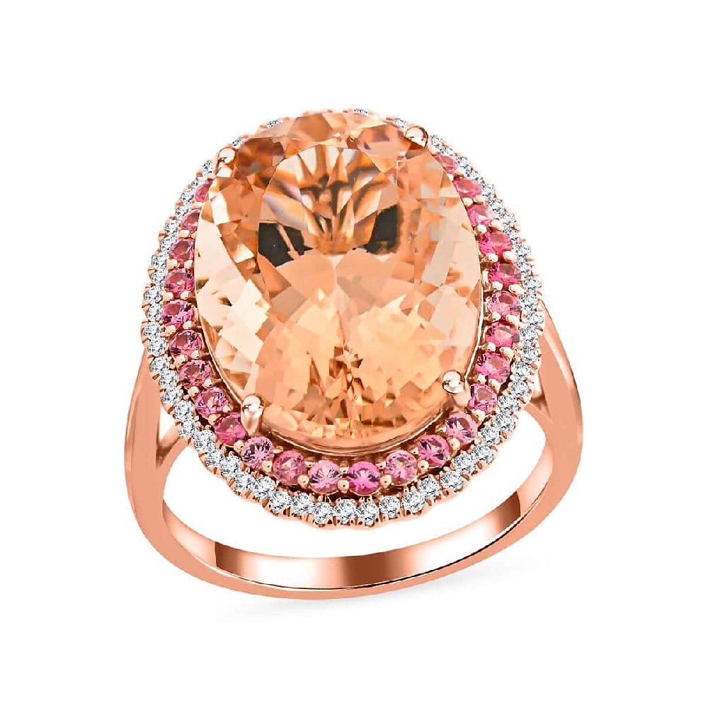 shop lc Certified & Appraised Iliana 18K Rose Gold AAA Marropino Morganite and G-H SI Diamond Double Halo Ring 5.90 Grams 13.35 ctw