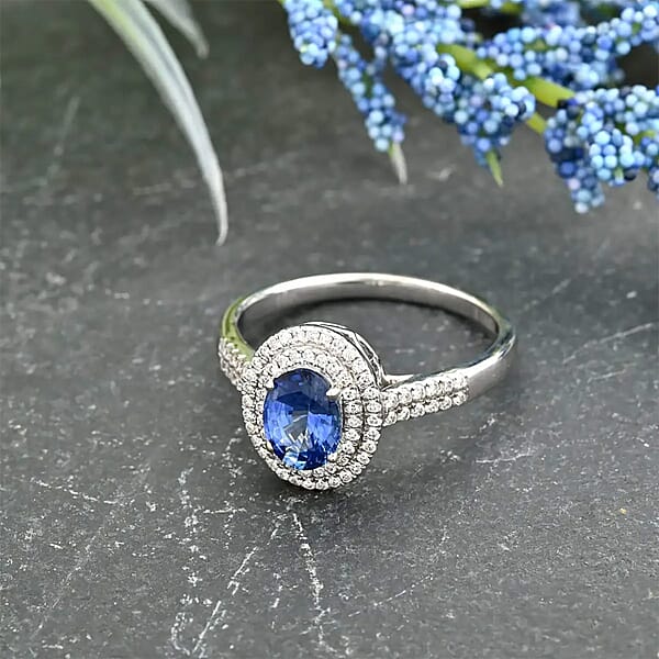 Shop Lc Certified & Appraised Iliana 18K White Gold AAA Ceylon Blue Sapphire And G-H SI Diamond Double Halo Ring 4.45 Grams 1.75 Ctw