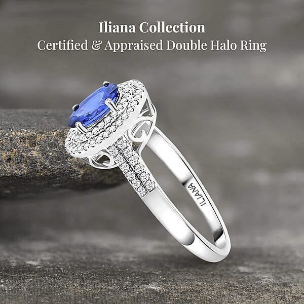 Shop Lc Certified & Appraised Iliana 18K White Gold AAA Ceylon Blue Sapphire And G-H SI Diamond Double Halo Ring 4.45 Grams 1.75 Ctw