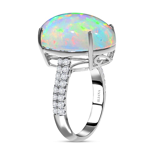 Shop Lc Certified & Appraised Iliana 18K White Gold AAA Ethiopian Welo Opal And G-H SI Diamond Ring 4.30 Grams 9.40 Ctw