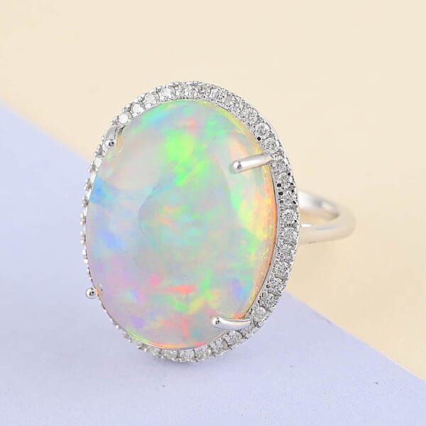 Shop Lc Certified & Appraised Iliana 18K White Gold AAA Ethiopian Welo Opal And G-H SI Diamond Halo Ring 4.60 Grams 13.40 Ctw