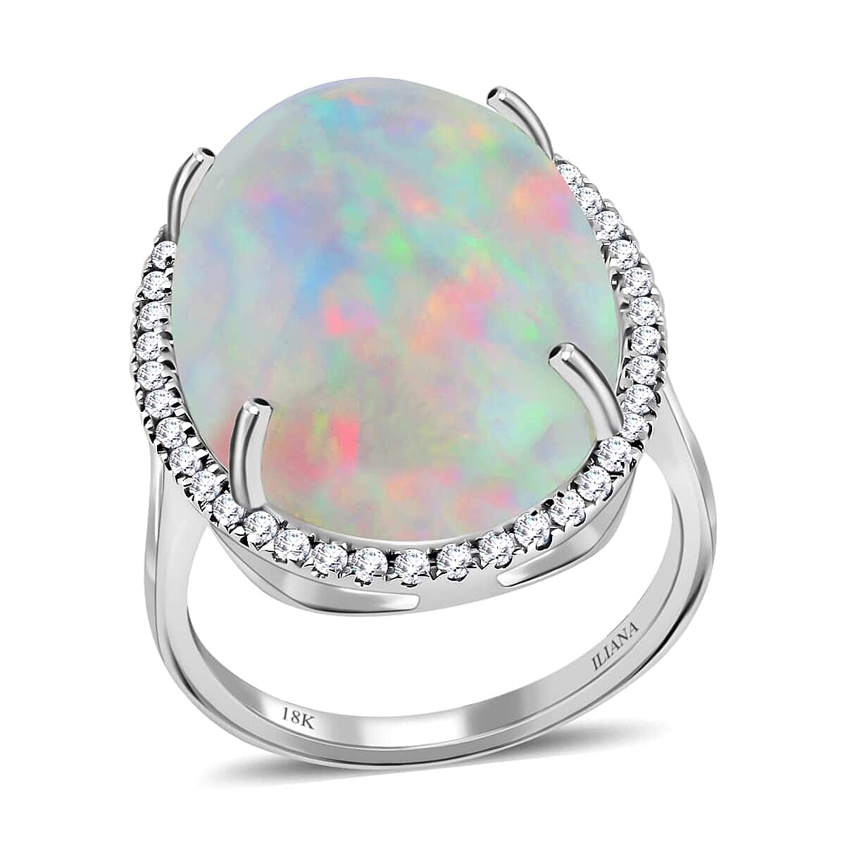 shop lc Certified & Appraised Iliana 18K White Gold AAA Ethiopian Welo Opal and G-H SI Diamond Halo Ring 4.60 Grams 13.40 ctw