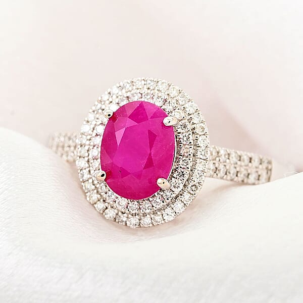 Shop Lc Certified & Appraised Iliana 18K White Gold AAA Montepuez Ruby And G-H SI Diamond Double Halo Ring 4.52 Grams 1.85 Ctw