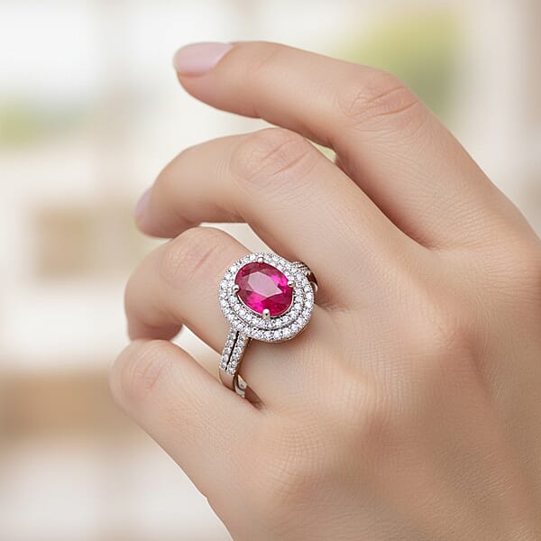 Shop Lc Certified & Appraised Iliana 18K White Gold AAA Montepuez Ruby And G-H SI Diamond Double Halo Ring 4.52 Grams 1.85 Ctw