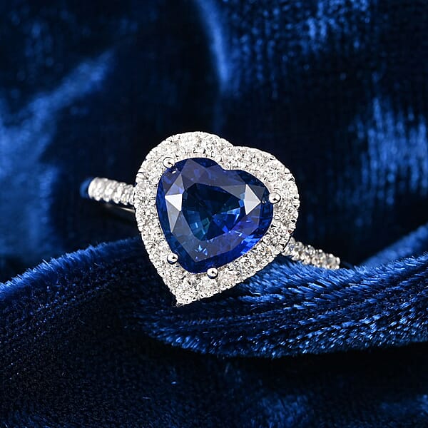 Shop Lc Certified & Appraised Iliana 18K White Gold AAA Royal Ceylon Sapphire And G-H SI Diamond Heart Halo Ring 3.20 Grams 2.55 Ctw