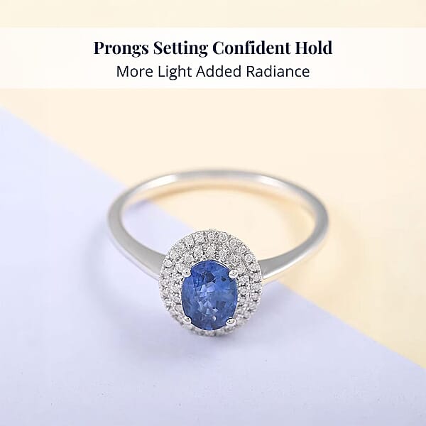 Shop Lc Certified & Appraised Iliana 18K White Gold AAA Royal Ceylon Sapphire And G-H SI Diamond Double Halo Ring 1.25 Ctw
