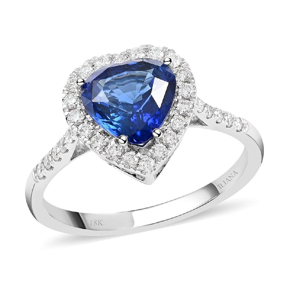 shop lc Certified & Appraised Iliana 18K White Gold AAA Royal Ceylon Sapphire and G-H SI Diamond Heart Halo Ring 3.20 Grams 2.55 ctw