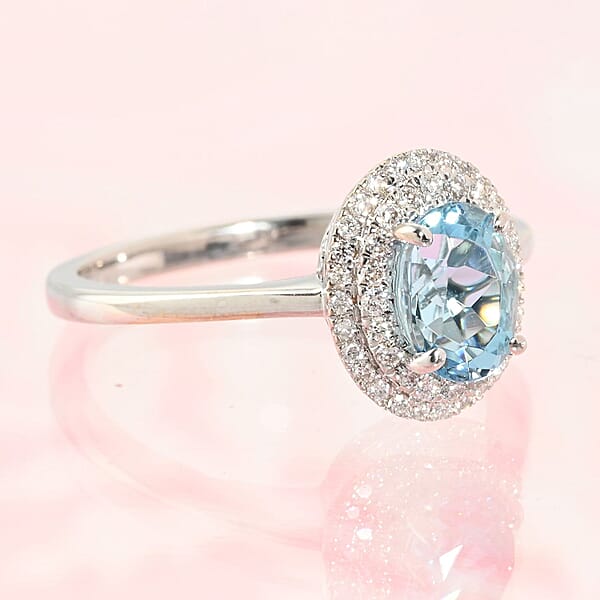 Shop Lc Certified & Appraised Iliana 18K White Gold AAA Santa Maria Aquamarine And G-H SI Diamond Double Halo Ring 1.00 Ctw