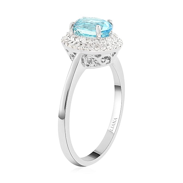 Shop Lc Certified & Appraised Iliana 18K White Gold AAA Santa Maria Aquamarine And G-H SI Diamond Double Halo Ring 1.00 Ctw