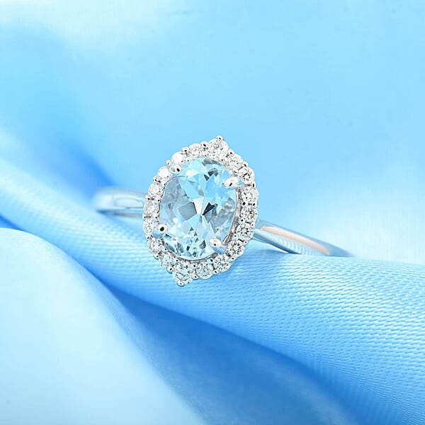 Shop Lc Certified & Appraised Iliana 18K White Gold AAA Santa Maria Aquamarine And G-H SI Diamond Halo Ring 1.00 Ctw