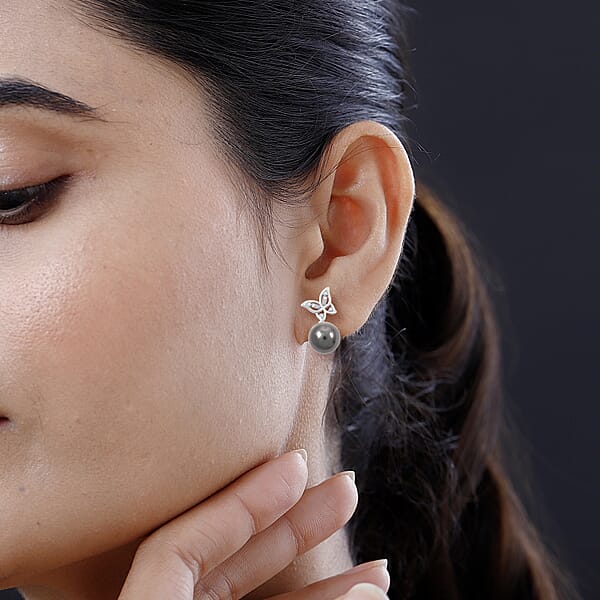 Shop Lc Certified & Appraised Iliana 18K White Gold AAA Tahitian Pearl 10-10.5mm And SI Diamond Earrings 0.18 Ctw