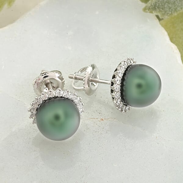Shop Lc Certified & Appraised Iliana 18K White Gold AAA Tahitian Pearl 8-8.50mm And SI Diamond Earrings 0.32 Ctw