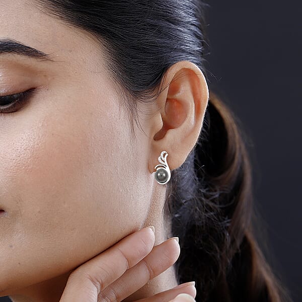 Shop Lc Certified & Appraised Iliana 18K White Gold AAA Tahitian Pearl 8-8.50mm And SI Diamond Earrings 0.15 Ctw