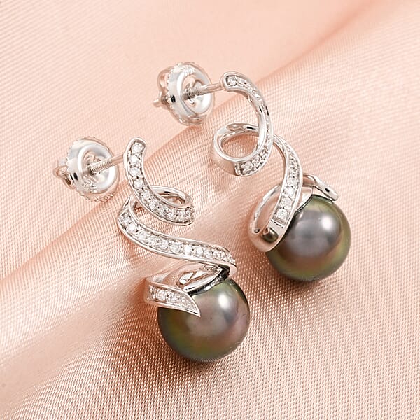 Shop Lc Certified & Appraised Iliana 18K White Gold AAA Tahitian Pearl 9.5-10mm And SI Diamond Earrings 0.21 Ctw