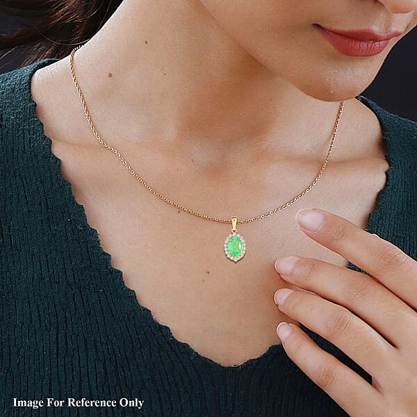 Shop Lc Certified & Appraised Iliana 18K Yellow Gold AAA Kagem Zambian Emerald And G-H SI Diamond Halo Pendant Without Chain 1.00 Ctw