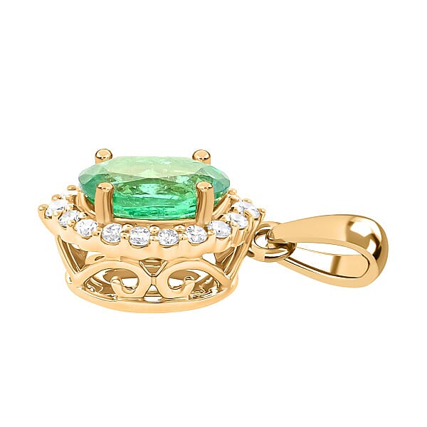 Shop Lc Certified & Appraised Iliana 18K Yellow Gold AAA Kagem Zambian Emerald And G-H SI Diamond Halo Pendant Without Chain 1.00 Ctw
