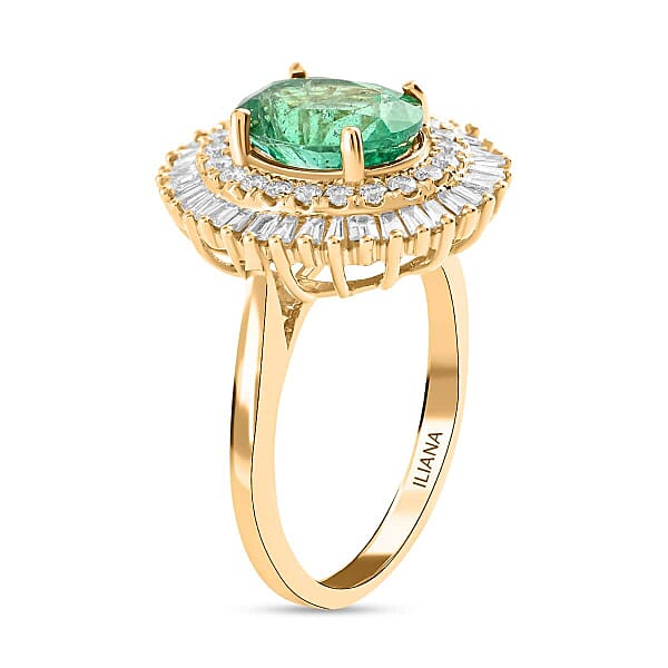 Shop Lc Certified & Appraised Iliana 18K Yellow Gold AAA Kagem Zambian Emerald And G-H SI Diamond Double Halo Ring 6 Grams 2.55 Ctw