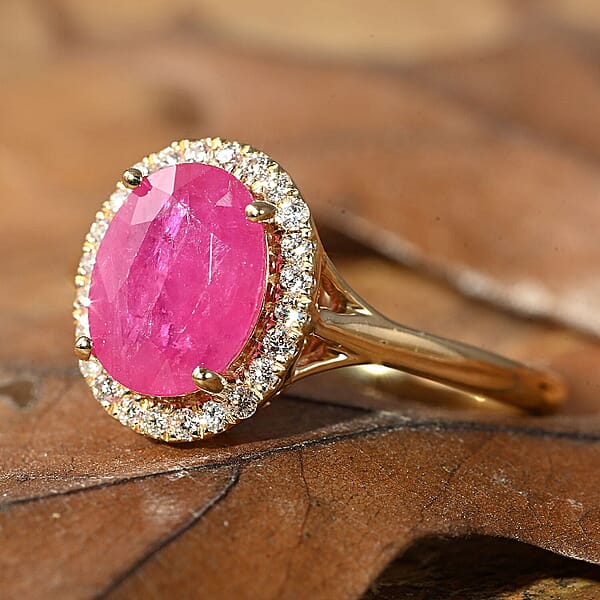 Shop Lc Certified & Appraised Iliana 18K Yellow Gold AAA Montepuez Ruby And G-H SI Diamond Halo Ring 2.50 Ctw