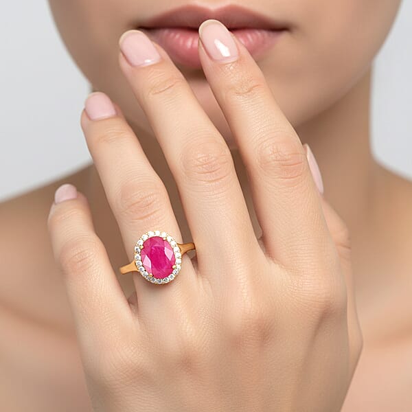 Shop Lc Certified & Appraised Iliana 18K Yellow Gold AAA Montepuez Ruby And G-H SI Diamond Halo Ring 2.50 Ctw