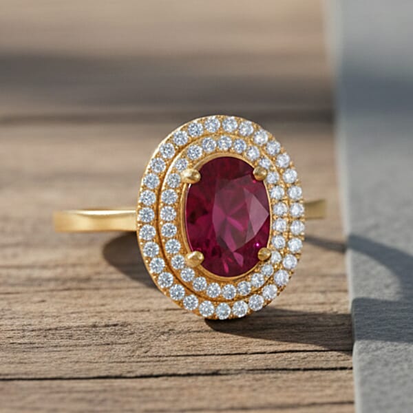 Shop Lc Certified & Appraised Iliana 18K Yellow Gold AAA Ruby And G-H SI Diamond Double Halo Ring 4.30 Grams 1.60 Ctw