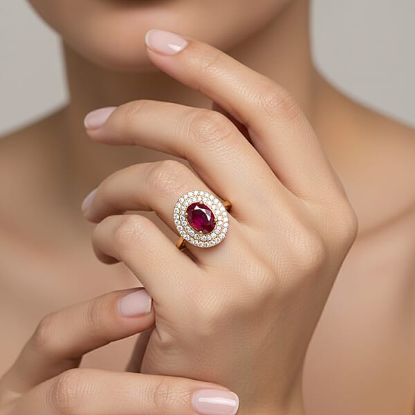 Shop Lc Certified & Appraised Iliana 18K Yellow Gold AAA Ruby And G-H SI Diamond Double Halo Ring 4.30 Grams 1.60 Ctw