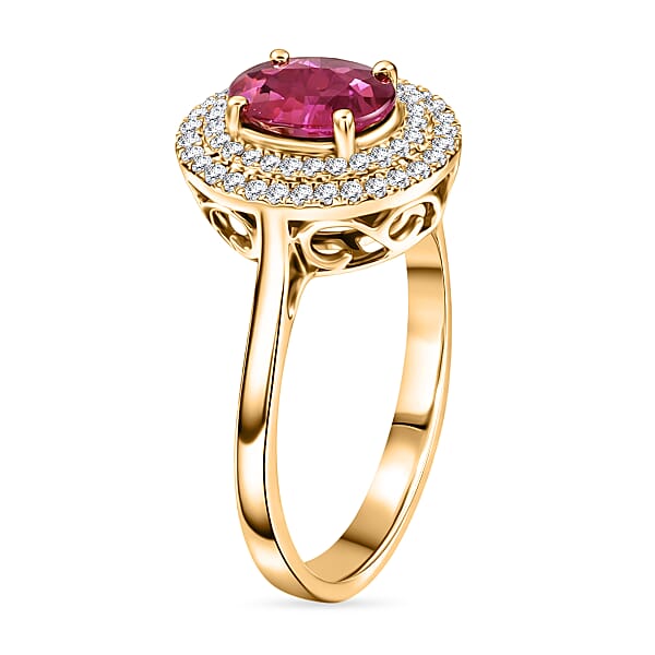 Shop Lc Certified & Appraised Iliana 18K Yellow Gold AAA Ruby And G-H SI Diamond Double Halo Ring 4.30 Grams 1.60 Ctw