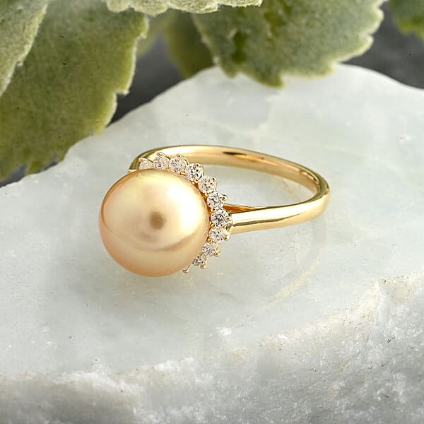 Shop Lc Certified & Appraised Iliana 18K Yellow Gold AAA South Sea Golden Pearl And G-H SI Diamond Ring 0.33 Ctw