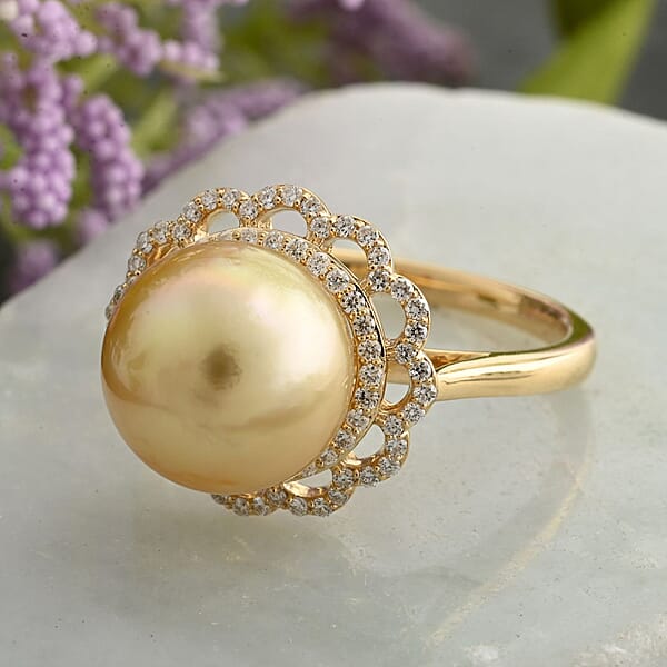 Shop Lc Certified & Appraised Iliana 18K Yellow Gold AAA South Sea Golden Pearl And G-H SI Diamond Ring 4.05 Grams 0.31 Ctw