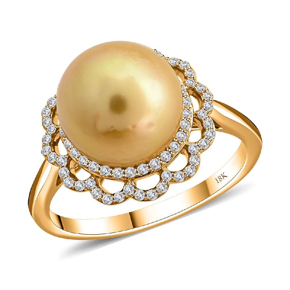 shop lc Certified & Appraised Iliana 18K Yellow Gold AAA South Sea Golden Pearl and G-H SI Diamond Ring 4.05 Grams 0.31 ctw