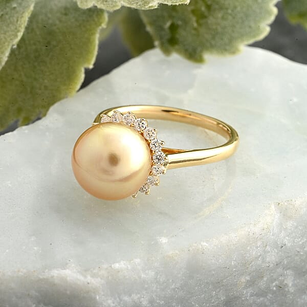 Shop Lc Certified & Appraised Iliana 18K Yellow Gold AAA South Sea Golden Pearl (8.5-8.9mm) Diamond (G-H SI) Ring 0.33 Ctw