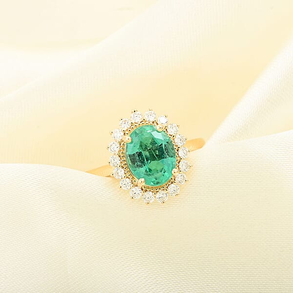 Shop Lc Certified & Appraised Iliana AAA Kagem Zambian Emerald And SI Diamond 2.20 Ctw Sunburst Ring In 18K Yellow Gold 4.80 Grams