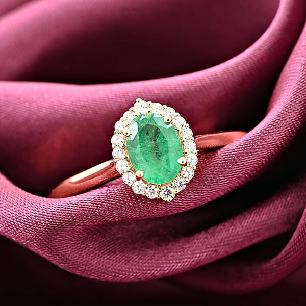 Shop Lc Certified & Appraised Iliana AAA Kagem Zambian Emerald And G-H SI Diamond 1.00 Ctw Halo Ring In 18K Yellow Gold