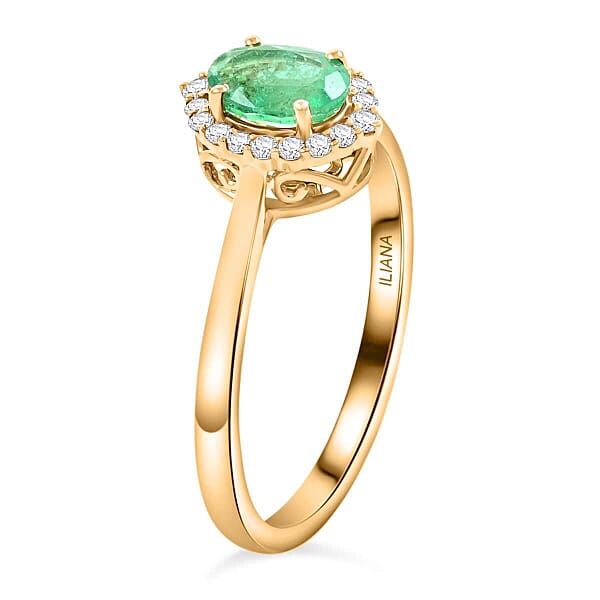 Shop Lc Certified & Appraised Iliana AAA Kagem Zambian Emerald And G-H SI Diamond 1.00 Ctw Halo Ring In 18K Yellow Gold