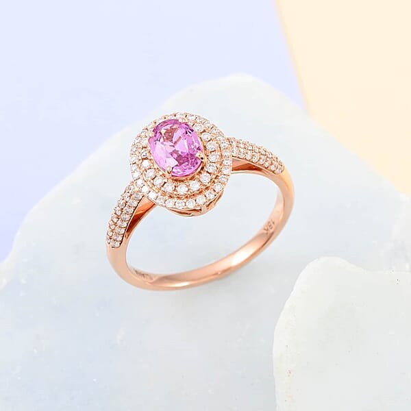 Shop Lc Certified & Appraised Iliana AAA Madagascar Pink Sapphire And G-H SI Diamond 1.40 Ctw Double Halo Ring In 18K Rose Gold