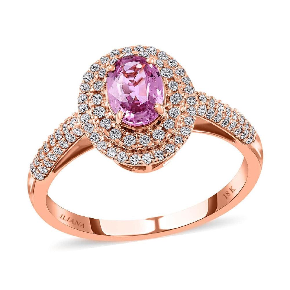 shop lc Certified & Appraised Iliana AAA Madagascar Pink Sapphire and G-H SI Diamond 1.40 ctw Double Halo Ring in 18K Rose Gold