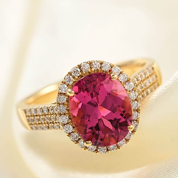 Shop Lc Certified & Appraised Iliana AAA Ouro Fino Rubellite And G-H SI Diamond 3.00 Ctw Halo Ring In 18K Yellow Gold 4.75 Grams