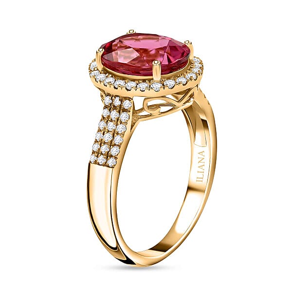 Shop Lc Certified & Appraised Iliana AAA Ouro Fino Rubellite And G-H SI Diamond 3.00 Ctw Halo Ring In 18K Yellow Gold 4.75 Grams