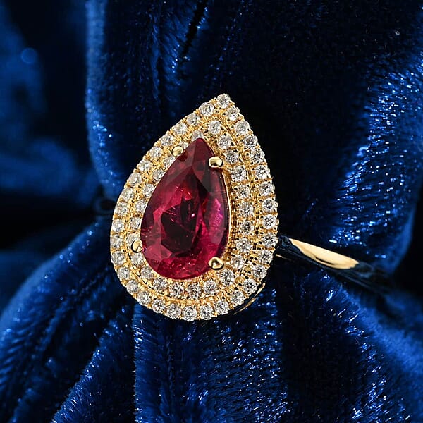 Shop Lc Certified & Appraised Iliana AAA Ouro Fino Rubellite And G-H SI Diamond 1.80 Ctw Double Halo Ring In 18K Yellow Gold