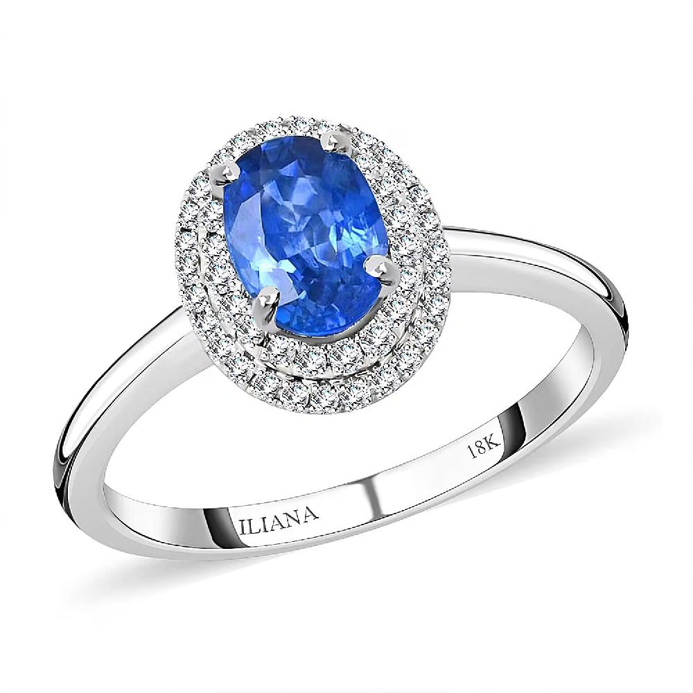 shop lc Certified & Appraised Iliana AAA Royal Ceylon Sapphire and G-H SI Diamond 1.25 ctw Double Halo Ring in 18K White Gold