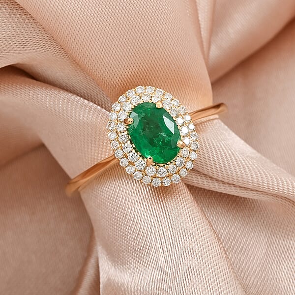 Shop Lc Certified & Appraised Iliana AAAA Kagem Zambian Emerald And SI Diamond 1.00 Ctw Double Halo Ring In 18K Yellow Gold